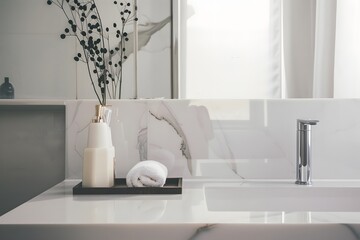 Modern bathroom countertop with marble, sleek faucet, vase, and rolled towel