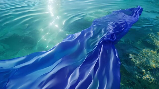 A flowy royal blue fabric gently bobs on the clear waters of a secluded cove.