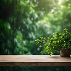 wood table green wall background with sunlight window create leaf shadow on wall with blur indoor green plant foreground.