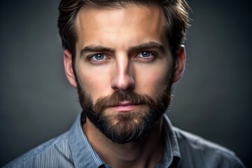 Fototapeta premium Professional studio photo portrait of a attractive handsome man, beautiful guy with beard, a person, with a pronounced emotional expression, widescreen 16:9