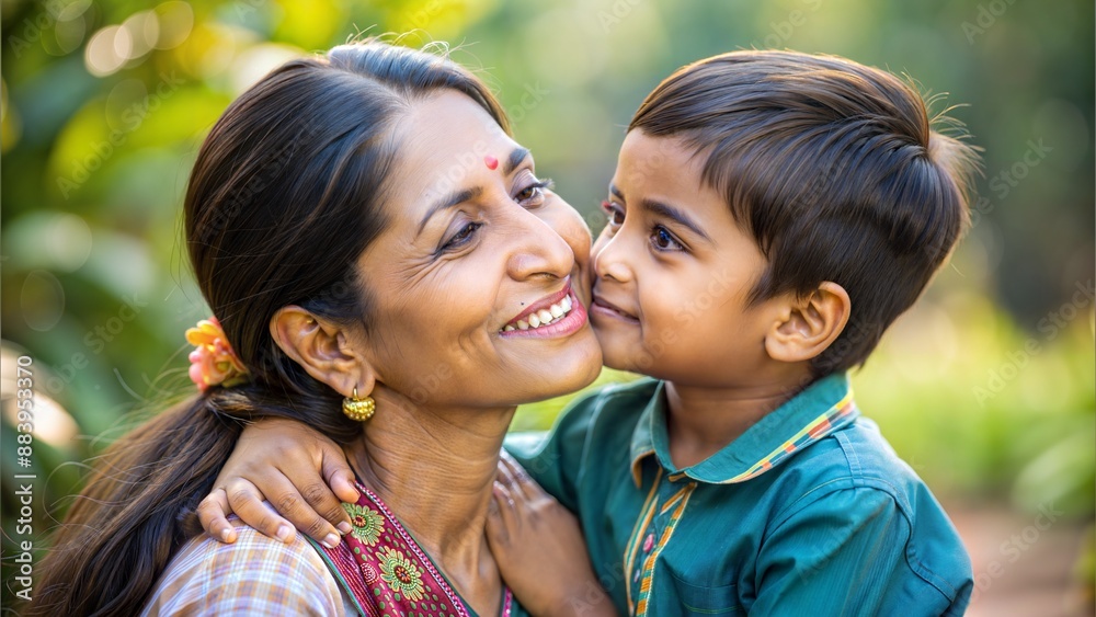 Poster happy little boy kissing mother