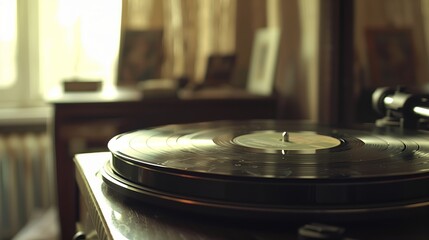 Obraz premium Vinyl records spin on a turntable, filling the room with timeless melodies and nostalgic analog crackle.