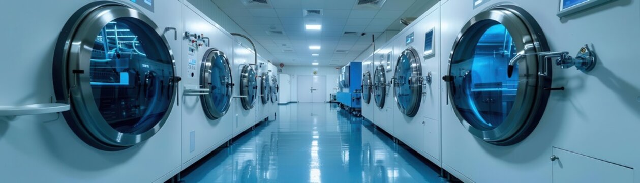 Industrial washing machines in a laundry facility.