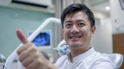 Smiling Asian male patient giving a thumbs up while sitting in a dental clinic chair, showcasing satisfaction with his dental care.