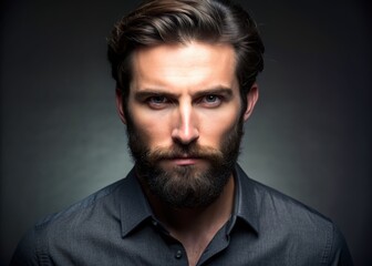 Fototapeta premium Professional studio photo portrait of a attractive handsome man, beautiful guy with beard, a person, with a pronounced emotional expression, widescreen 16:9