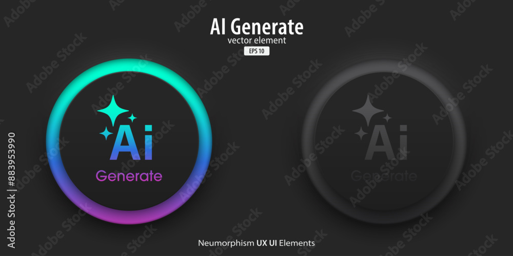 Poster Set of generative AI buttons. Active and inactive buttons with generated icons. Press the button to create ideas. Neumorphism design style for apps, websites, and Interfaces. Vector illustration.