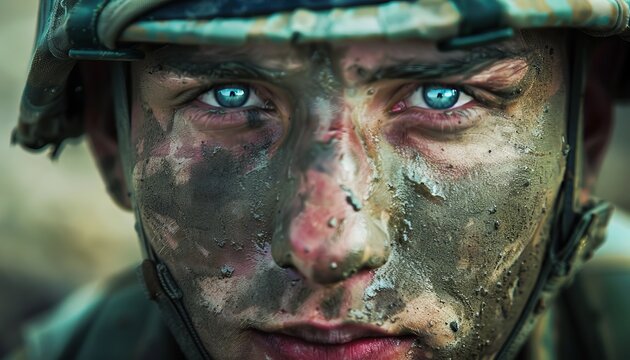 Close up of battle weary soldier s face, portraying intense fatigue and exhaustion