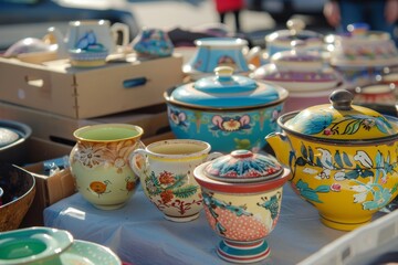 Fototapeta premium A Colorful Collection of Vintage Teapots and Cups at a Sunny Outdoor Market