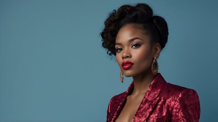 Portrait of a beautifull young black woman, she is a pretty modal, blue background with copy space