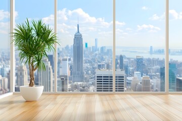 Modern office space with potted plant and panoramic city skyline view on a bright sunny day