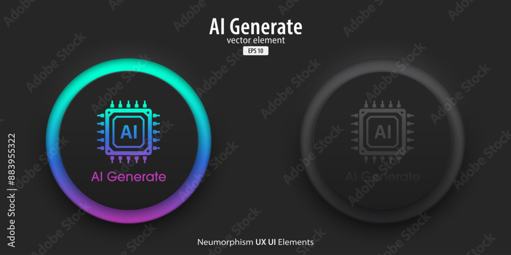Poster Set of generative AI buttons. Active and inactive buttons with AI chipset icon. Press the button to create ideas. Neumorphism design style for apps, websites, and Interfaces. Vector illustration.