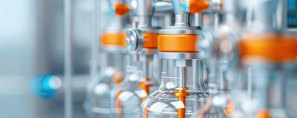 Close-up of a complex industrial machinery with orange and silver components.