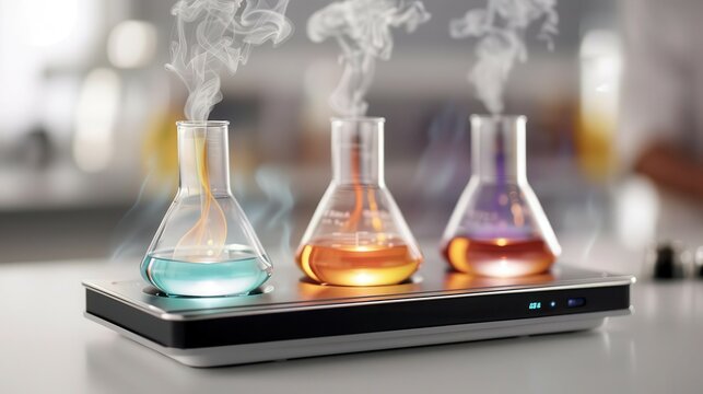 Three beakers with colorful liquids on a hotplate, steaming and bubbling.