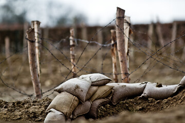World war one history : sandbags and barbed wire, recreated trench system on the former western...