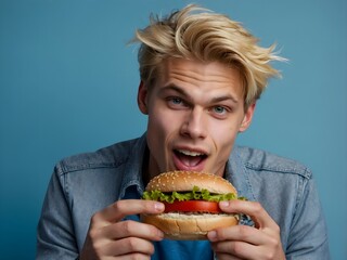 Portrait of a blond young man eating hamburger, blue background with copy space