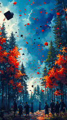 Vibrant Fall Graduation Celebration in Forest with Caps in Air Under Bright Sky