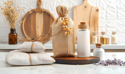 Fototapeta premium Herbal Cosmetic Set on White Table with Linen Bags and Dried Flowers in a Cozy Home Spa Setting for Natural Skincare and Relaxation