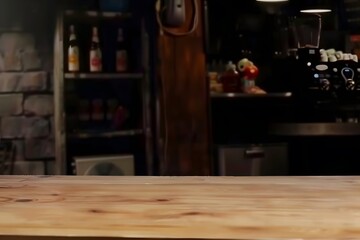 Empty wooden tabletop in a cozy dimly-lit bar or cafe, perfect for product display or background.