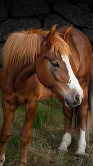 Obraz premium Pregnant Chestnut Horse Standing in Pasture with Stone Wall Backdrop on Cloudy Day; Equine Animal Maternity, Serene Countryside Scene, Animal Expectancy