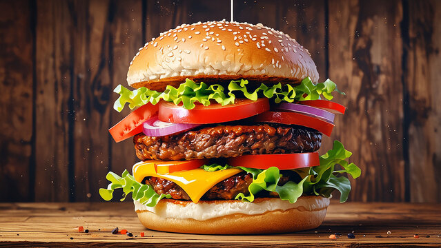 Maxi hamburger with beef meat bun with salad, cheese cheddar and sauce juicy and appetizing.Delicious layered burger
