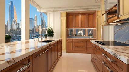 Modern kitchen interior with marble countertops, wooden cabinets, generative ai