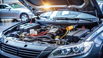 Diagnostical equipment and tools scattered around open hood of modern sedan, with exposed engine components and wires, indicating troubleshooting and repair process underway.