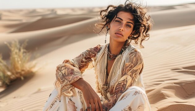 Elegant model posing in sahara desert dunes for sustainable fashion shoot inspired by bedouins
