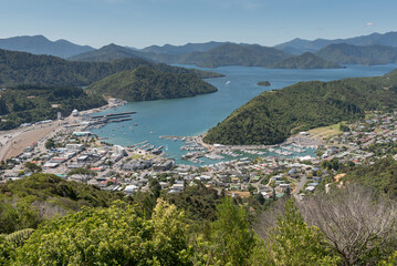 Elevated view of Picton and Queen Charlotte Sound in the North of the South Island, New Zealand. Picton is the home of the ferry terminals that link the North and South Islands of New Zealand.