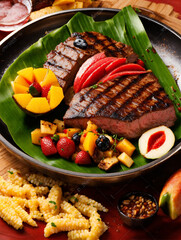 delicious meal, perfectly grilled barbecue meats, savored a decadent dessert, food cooked has a unique flavor, especially when the barbecue includes both savory meats and sweet desserts