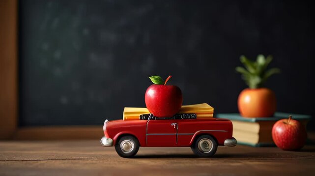 A vintage toy car with a stack of books and an apples on a wooden desk against a dark chalkboard background. Back to school concept