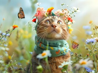 Fototapeta premium Scottish Fold Cat Dressed as Butterfly in Wildflower Meadow with Fluttering Butterflies
