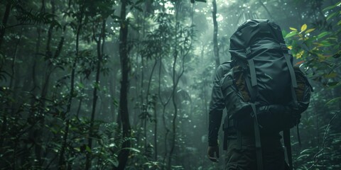Fototapeta premium Hiker in a Misty Rainforest