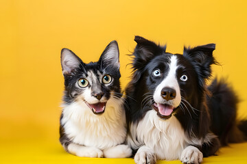 Grey striped tabby cat and a border collie dog with happy expression together on yellow background