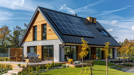 "A new suburban house featuring a photovoltaic system on the roof. This modern, eco-friendly passive house includes a landscaped yard and solar panels on its gable roof."