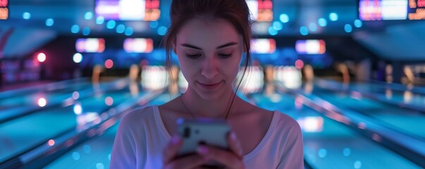 Young woman in a bowling alley engrossed in her smartphone, illuminated by cool blue lights. Ideal for lifestyle and leisure images.
