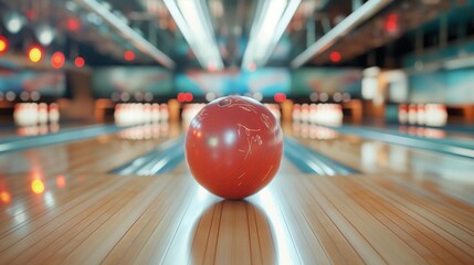 Close-up of a red bowling ball crashing into the pins, emphasizing the power and excitement of the game. Great for sports and energy themes.