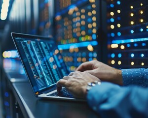 Computer engineer in server room with laptop, big data storage, it support, telecommunication