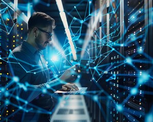 Computer engineer in server room with big data storage for it support and telecommunication