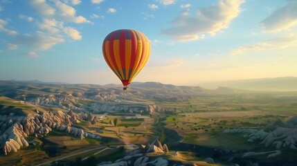 A colorful festival balloon flies high into the air, sky, rides a tourist who is on travel vacation to have a beautiful journey and experience freedom. In the background is a gorgeous landscape view.