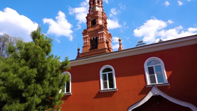 Chernigovsky Skete belfry. Chernigovsky skete in Sergiev Posad, Russia is monastery standing unique for hand-dug monk cells and prayer caves.
