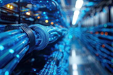 Close-up of network (computer) wires in bright multi-colored and neon colors connected to a server, base.