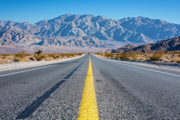Naklejka premium Epic Cinematic View of an Empty Road Leading to Majestic Mountains in a Desert Landscape, Symmetrical Composition, Photorealistic Long Distance Shot