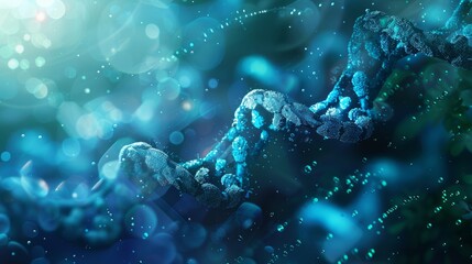 DNA double helix in blue with glowing particles on a light background