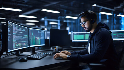 Software engineer working late in the office, businessman working on laptop computer, ai generated