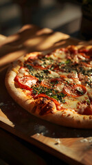 A delicious pepperoni pizza with melted cheese and herbs on a wooden board, perfect for food and dining design concepts. Keywords appetizing, baked, gourmet, lunch, pizzeria, savory, tasty