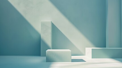 Minimalistic blue interior with geometric shapes and light beams