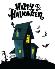 Halloween haunted house cartoon illustration. Vector horror scary mansion on the night background with moon. Party poster