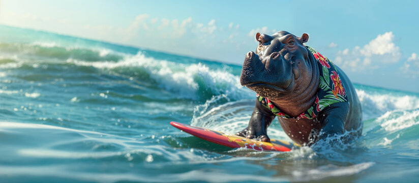 un hippopotame anthropomorphique en train de faire du surf sur des vagues, habillé avec une chemise hawaïenne - format bannière web	
