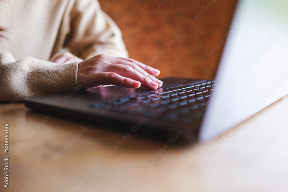Wall mural closeup image of a woman hands working and typing on laptop computer keyboard