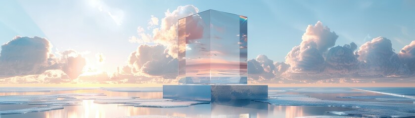 Crystal Clear Glass Cube Reflecting Sky and Clouds on a Tranquil Water Surface at Sunset